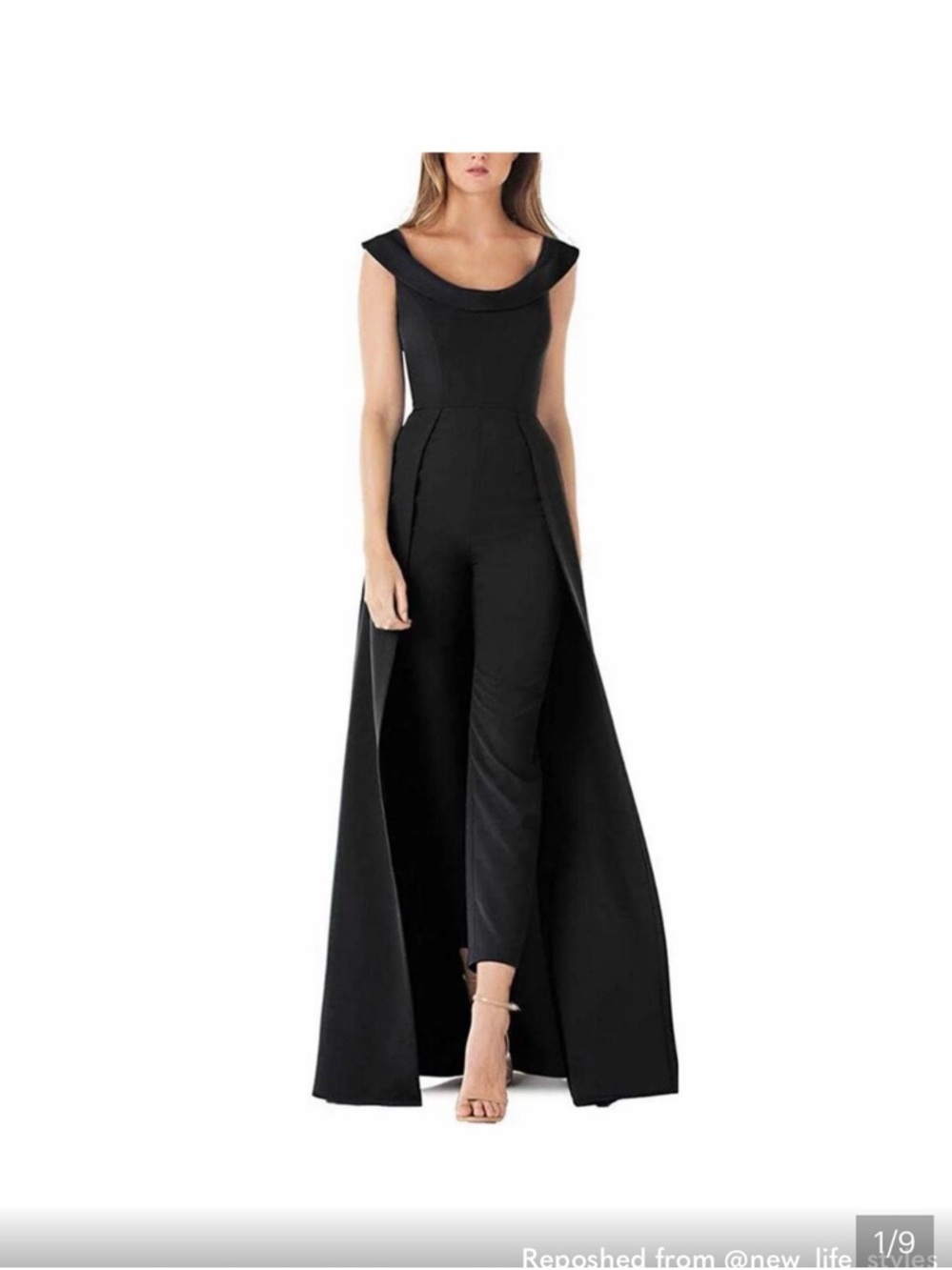 Kay Unger Black Off-Shoulder Jumpsuit with Dramatic Attached Overskirt